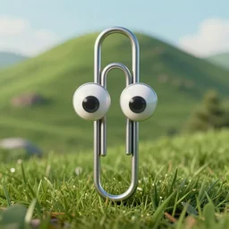 a paperclip with two buggly eyes in front of a green hill, cinematic shot, hyper realistic, hyper detailed, 4k