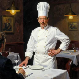 an insanely detailed painting of bill burr wearing a chef costume waiting on tables, in the style of peter mohrbacher, dramatic lighting and composition, trending on artstation, concept art, comic book