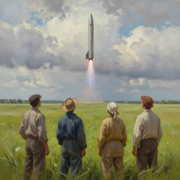 delustional farmers watching missiles takes off from grasslands, cloudy sky, hyperdetailed, artstation, prismatic oil painting, 8 k