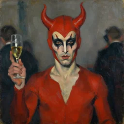 expressive portrait of a man on a devil party costume, impasto painting, muted colors, artwork by arnold bocklin