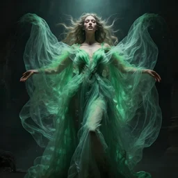 professional digital art of wonderful symmetrical goddess with a majestic semi transparent green cotton dress, atmospheric light, dramatic lighting, cinematic, painted, intricate, detailed, foreboding, by art by meredit frampton and gregory crewdson, epic, stunning, gorgeous, much wow, cinematic, masterpiece.