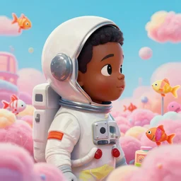 wide - angle profile face portrait of a tin toy of a black boy dressed like an astronaut in a cotton candy field, nicoletta ceccoli, mark ryden, lostfish, max fleischer, alan bean, hyper realistic, artstation, illustration, lowbrow, surreal, digital paint, matte paint, vivid colors, bright, cheerful, retrowave colors, detailed and intricate environment