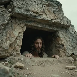 Jesus Christ’s head sticking out from a tomb in a cliff side, cinematic perspective, movie shot, 8k, full hd