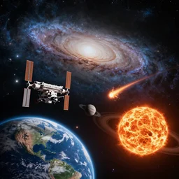 milky way galaxy, nasa spacestation and fiery comet, earth and moon in foreground, mars, saturn, sun, cosmic, high detail, realistic, unreal engine