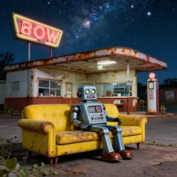 A 1960s era robot! on a faded yellow couch in front of a rusted and dilapidated gas station. The stars! of the Milky Way shine above a broken neon sign, ground is cracked with vines digital art