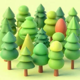 forest of many 3 d cartoon trees, all unique, colourful