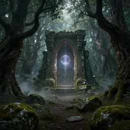 dark fantasy forest scene, fangorn forest, scattered rocks covered in moss and mist on ground, trees twisting and intertwining with dead branches, magnificent alter in center with large stone structures and intricate carvings and magic orb glowing, volumetric lighting, cinematic, full hd, ultra detailed, photo - real, 8 k render, post processing, peter jackson, lord of the rings, dark spell