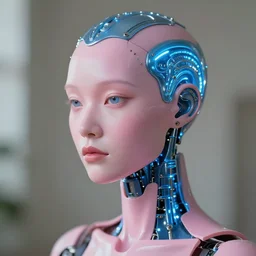 natural light, soft focus portrait of an android with soft synthetic pink skin, blue bioluminescent plastics, smooth shiny metal, elaborate ornate head piece, piercings, skin textures, by annie liebovotz,