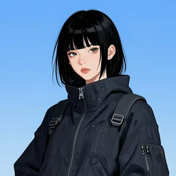 a cool girl with black hair, a 7 8 4 3 hairstyle, wearing a cyberpunk cloth, highly detailed, stylized, portrait, concept art, vector line art, blue sky background, illustration by artgerm, artstation