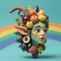 headshot of a trickster nature spirit, head made of fruit gems and flowers in the style of arcimboldo, fragonard, photorealistic, dynamic lighting, action figure, clay sculpture, claymation, turquoise and yellow, rainbow stripe background