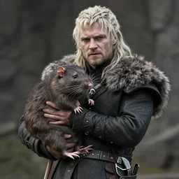 rupert grint as thehnellor in game of thrones, holding his large fat rat, live action film, cinematic photo, clear hd image