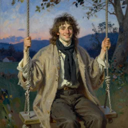 a detailed portrait of an androgynous man sitting on swing, smiling, long hair, shawl, scarf, twilight, painting by gaston bussiere, craig mullins, j. c. leyendecker