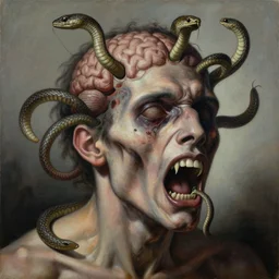 a painting of a screaming decapitated man's withered face with biting serpents swarming out of his exposed brain, a surrealist painting, polycount, surrealism, surrealist, body horror, macabre