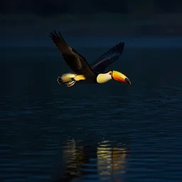 photorealistic toucan flying on a lake, reflections, midnight, lake, reflections, dark, mystery, wavy lake, dark atmosphere, dark sky