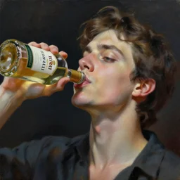 a person with short brown hair drinking from a bottle of tequila, by ross tran, oil on canvas