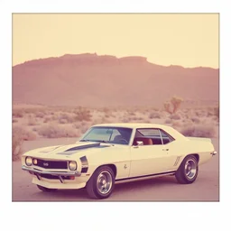! dream camaro 1 9 6 7 in the middle of desert, polaroid photo