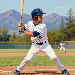 a closeup photorealistic photograph of bob ross style kenny powers playing baseball, painting on a canvas. mountains and trees. film still. brightly lit scene. this 4 k hd image is trending on artstation, featured on behance, well - rendered, extra crisp, features intricate detail, epic composition and the style of unreal engine.