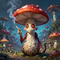 a centered chest up portrait of a psychedelic demonic anthropomorphic mushroom smoking a hand - rolled cigarette smoking heavily, magic mushroom village in background. award winning. superb resolution. in the art style of junji ito and greg rutkowski. detailed mushroom city in background. hyper realistic anime. perfect art. dalle 2