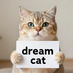 realistic high quality photo of a cute cat holding a sign with text that reads : dream cat