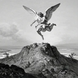 A biblical painting of Jacob suplexing an angel at the top of a mountain by Gustave Doré, black and white palette, Scenic, Dramatic, beautiful shore in background, detailed