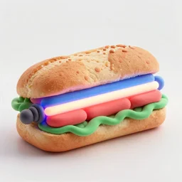 an extremely high quality photo of a surreal neon-lightsaber-sandwich, the polymer clay neon tube ((sandwich)) creation, a hybrid mixture of sandwichlightsaberneons and lightsaber neon sign fillings, neon tubes drizzled on top, lightsaber filling, promotional photo, 4k polymer clay food photography
