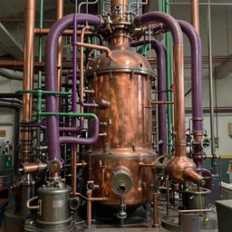 a densely packed machine apparatus for making snake oil, huge copper machine with fine purple and green intricate pipework, art by jacek yerka, and ed roth, directed by denis villeneuve, cinematography by robby muller, fine detail, kodachrome 8 k, snake machine