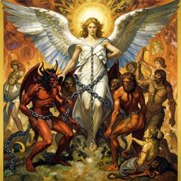 book of enoch, angels capture demons with huge chains and send them to hell, by greg rutkowski and tezuka and oi and mucha and bierstadt and remington and dan mumford, trending on artstation