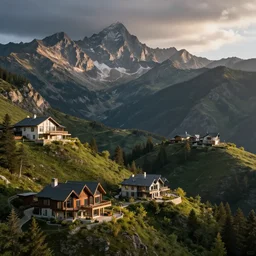 montana alpine landscape with modern style mansions scattered on the mountainsides, photo realism, dramatic lighting, from a dream, high quality digital art, unreal engine