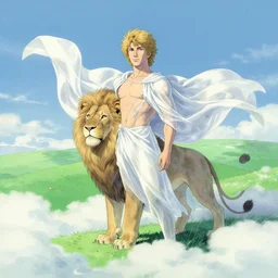 aesthetic portrait commission of an albino male furry anthro lion amongst the clouds above green empty blissful hills in the sky wearing a silky white translucent cloak blowing in the wind, Atmospheric. Character design by charlie bowater, ross tran, makoto shinkai, Greg Rutkowski and Thomas Kinkade, detailed, inked, western comic book art, 2021 award winning painting