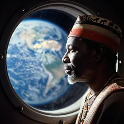 analogue photo of an African tribal chief looking out the porthole window of a spaceship, planet earth in porthole reflection, close-up, colour, photo shot by martha cooper, 35mm,