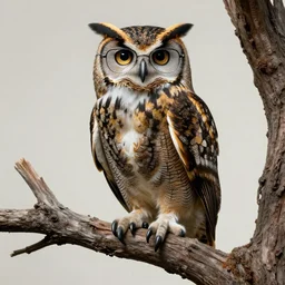 an owl with eyeglasses perched on a dead tree, intricate detail, klimt, modigliani, octane render, unreal engine,
