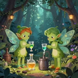 little green fairies making absinthe in a mystical forest distillery, trending on artstation, cgsociety, colorful, magical