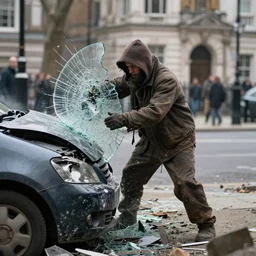 Caveman caveman Caveman destroying London shattered glass dented car