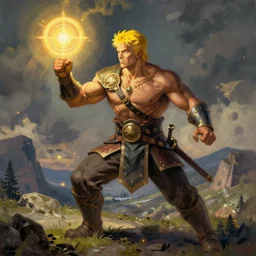 detailed illustration of conan o'brien as a dnd paladin with short blond hair and big muscles, yellow hair, casting a protection spell, by raymond swanland