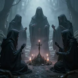 dark occult ritual, cult of hooded creatures, cold pastel colors, 8k, realistic dim lighting