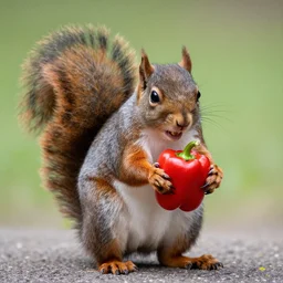 a photograph of a Squirrel winces in disgust whilst holding a pepper