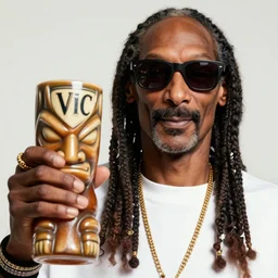 a closeup photorealistic photograph of snoop dogg holding a trader vic's tiki mug in the style of snoop dogg. brightly lit scene. this 4 k hd image is trending on artstation, featured on behance, well - rendered, extra crisp, features intricate detail, epic composition and the style of unreal engine.
