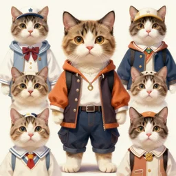 graphic, hyperreal, portraiture illustration of a anthropomorphic ragdoll cat in different cosplay clothes, digital painting