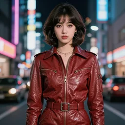 youthful demure, exquisite features, feminine cut, 1 9 7 0's frontiers in flight leather suit, tokyo neon