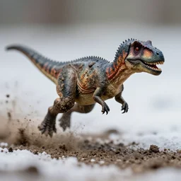 action photography, long shot, award winning macro photo of a tiny ultra detailed muddy dinosaur running fast in mud, dirt and dust and snow, fast shutter speed, motion blur, tiny gaussian blur, highly detailed, highly intricate, depth of field, national geographic