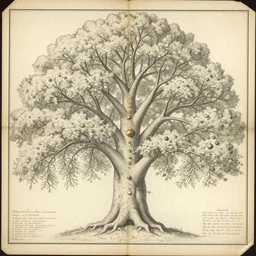 technical drawing of an ancient bone gemstone relic in the branches of a massive tree multiple layers, detailed map, notes, old paper