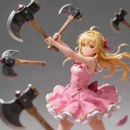 an anime girl with blond hair and pink dress throwing giant axes all over the place, high quality mastercraft digital painting, impossible detail, hyper realistic, sharp, sharp, 4k, ultrahd, virtuosic level detail, gorgeous lighting