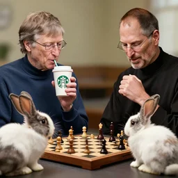 steve jobs having starbucks coffee with bill gates while rabbits are watching them play chess