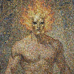 A man wearing golden mask, hair like fire, muscular, painting by greg rutkowski and alphonse mucha