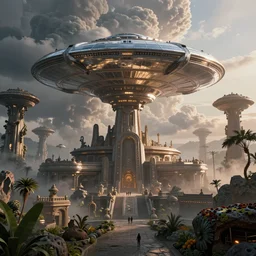 very detailed photograph of an elaborate martian ancient alien temple complex, with lighted reflective chrome saucer spacecraft overhead, at magic hour. cumulonimbus storm clouds float over. alien foliage, rocks with strange lichen. atmospheric haze, radiosity
