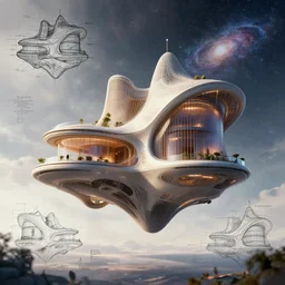 architect concept of flying house in galaxy, futuristic architect, modern architect, antoni gaudi, shigeru bang, jodorowsky, mock up design, illustration, detail breakdown, detail, hyper realistic, realistic, cinematic lighting, deep focus, ultra realistic, 8 k, uhd, sketch up, golden ratio, architecture breakdown