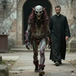 A ghoul walking behind a priest wearing swimsuit