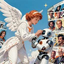 a beautiful space angel fixing a robot by dan mumford and alberto vargas and josan gonzalez and gil elvgren and william etty and norman rockwell, vibrant, white outfit, highly detailed, intricate, orange details, blue sky, comic lines, hyperrealism