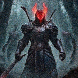 extremely detailed depiction of an armored dark assassin warrior in a dark evil forest, glowing crimson head, crimson fire head, Sauron, Ultron, speedster, fantasy art, fog, heavy armor, knights armor, cinematic pose, 8k, villain, maximalist