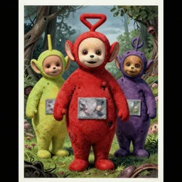 disgusting teletubbies sci-fi horror movie poster, grotesque, scary, high details, intricately detailed, by vincent di fate, artgerm julie bell beeple, inking, 1990s, vintage 90s print, screen print